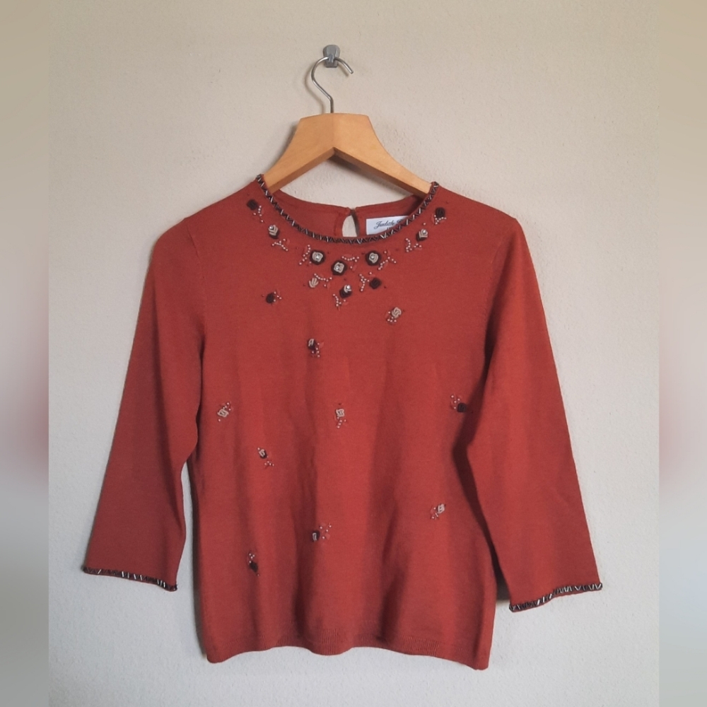 Vtg Rust Silk Blend Pullover Beaded Embroidered Embellished Bling Vintage